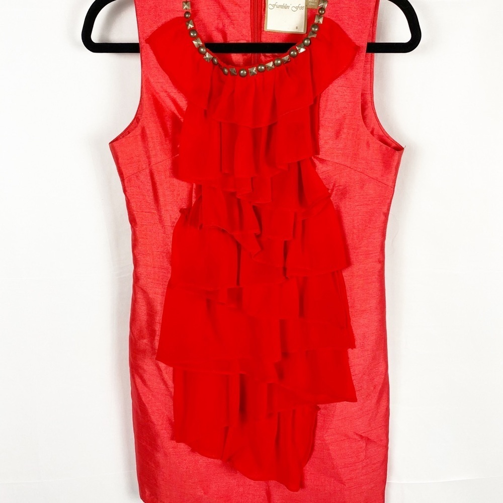 FUMBLIN’ FOE Ruffled Fitted Coral Red Dress